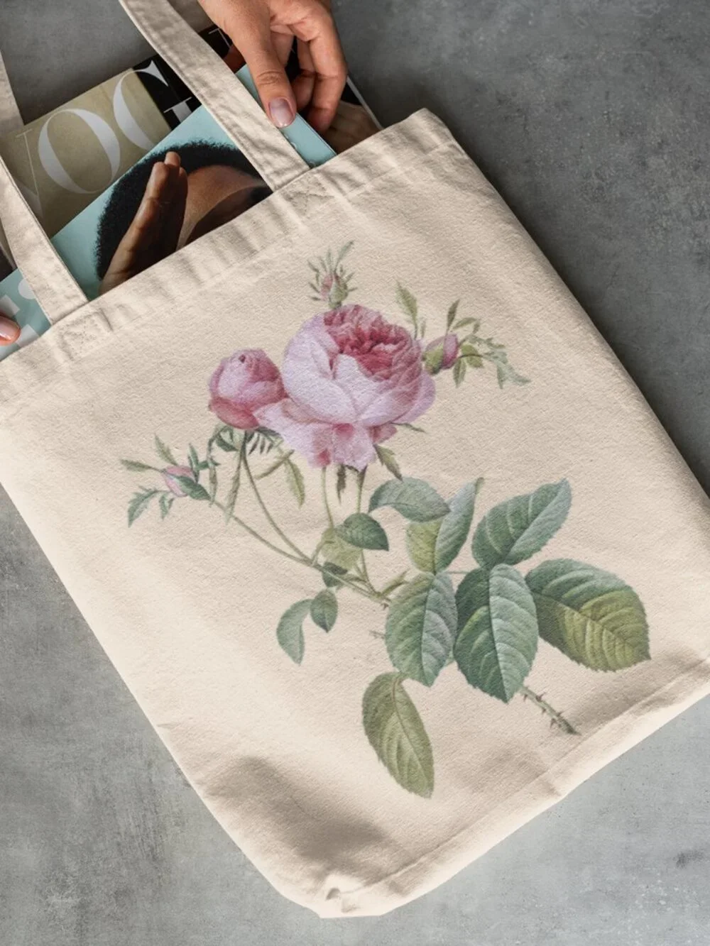 Rose De Mai Vintage Floral Print Graphic Canvas Tote Bag